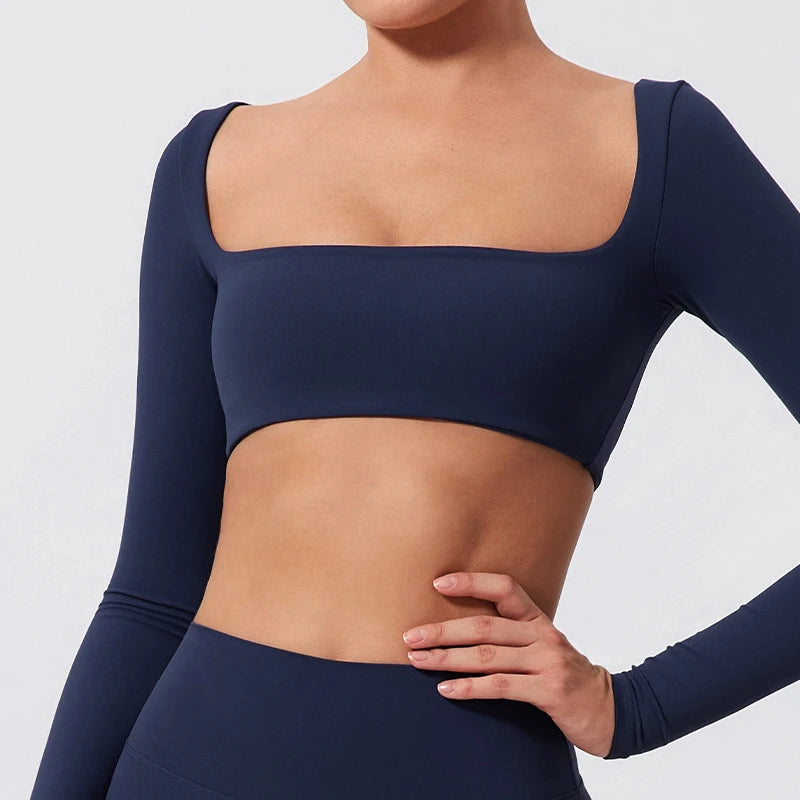 Hearuisavy Summer Quick Dry Square Neck Activewear Women Gym Top Fitness Sports Crop Top Female Casual Long Sleeve Yoga Clothes