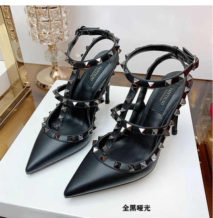 2025 Summer Brand Leather Women's Sandals Classic Rivet Gladiator High Heels Sexy Luxury Pumps Wedding Party Pointed toe Shoes