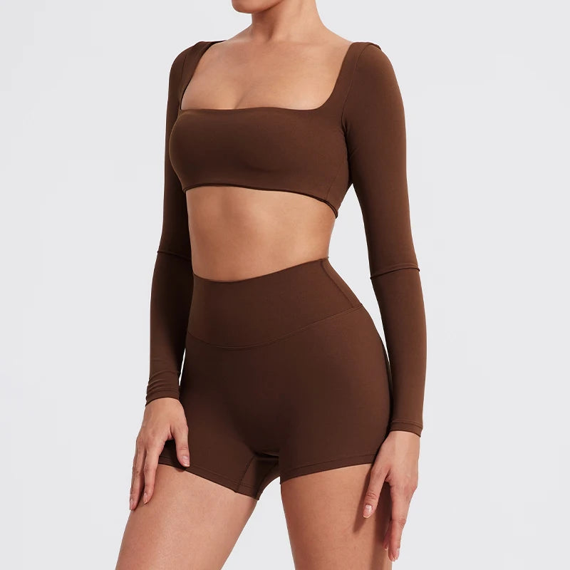 Hearuisavy Summer Quick Dry Square Neck Activewear Women Gym Top Fitness Sports Crop Top Female Casual Long Sleeve Yoga Clothes
