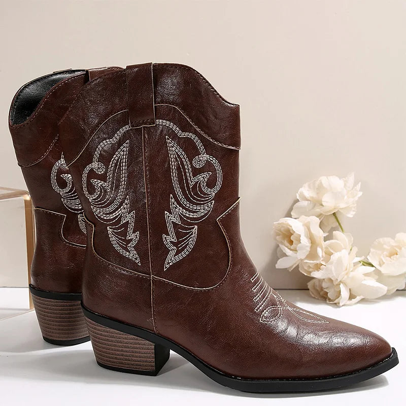 Ethnic Embroider Decor High Heel Boots for Women 2025 New Spring Ankle Vacation Pointed Toe Boots Western Cowgirl Short Boots