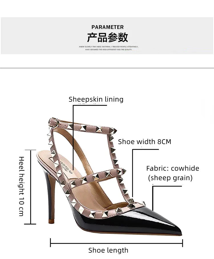 2025 Summer Brand Leather Women's Sandals Classic Rivet Gladiator High Heels Sexy Luxury Pumps Wedding Party Pointed toe Shoes