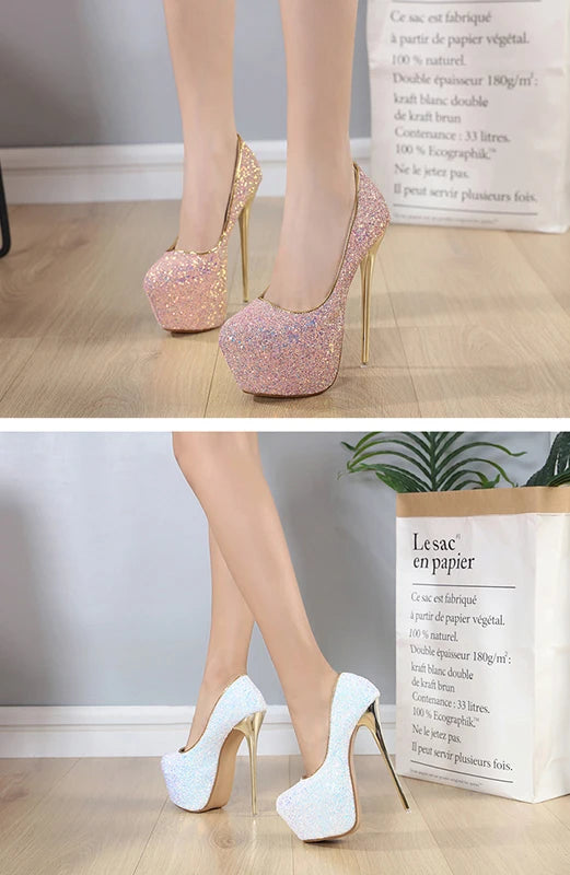 Comemore Sexy Size 34 43 44 45 Bling Sequins High Heels Pumps Platform Fashion Striptease Women's Heel Shoes Summer Slip-On 2025