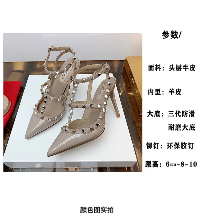 2025 Summer Brand Leather Women's Sandals Classic Rivet Gladiator High Heels Sexy Luxury Pumps Wedding Party Pointed toe Shoes