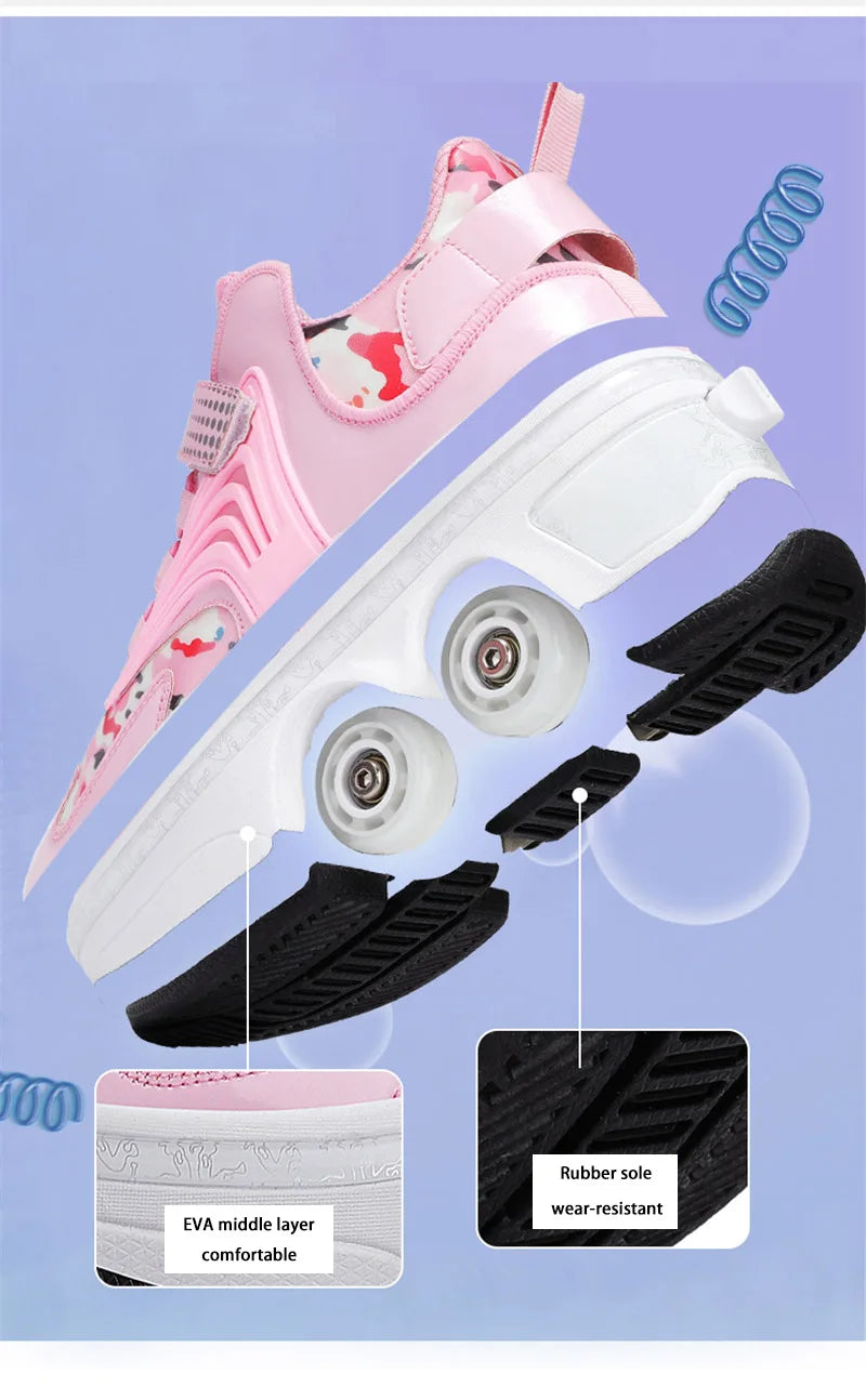 Parkour Shoes 4 Wheels Deformation Roller Skating Shoes Kids Adults Unisex Sneakers Street Urban Fitness FSK Quad Skating Shoes