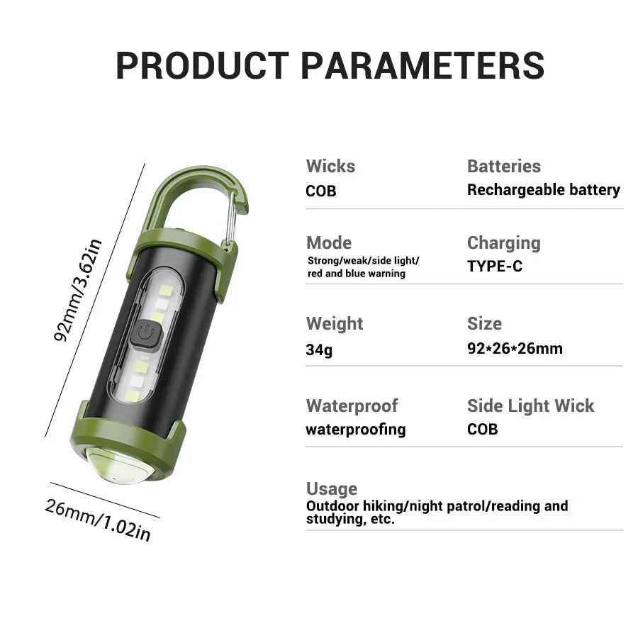 Mini Keychain Flashlight Rechargeable Pocket COB Working Light Outdoor Hook Emergency Warning Light for Camping Walking Hiking