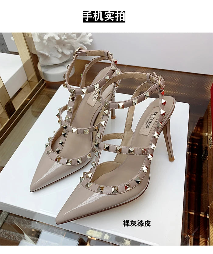 2025 Summer Brand Leather Women's Sandals Classic Rivet Gladiator High Heels Sexy Luxury Pumps Wedding Party Pointed toe Shoes