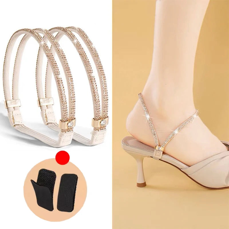 1/2Pairs Rhinestone High Heels Shoes Band Anti-loose Women Diamond Shoelaces Anti-drop Heel Straps Belt Drill Elastic Fixed Belt