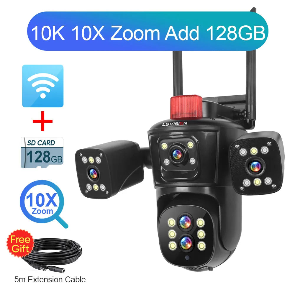 LS VISION 10K 20MP Four Screens WiFi PTZ Camera 10X Optical Zoom Auto Tracking Humanoid Detection CCTV Security Cameras Outdoor