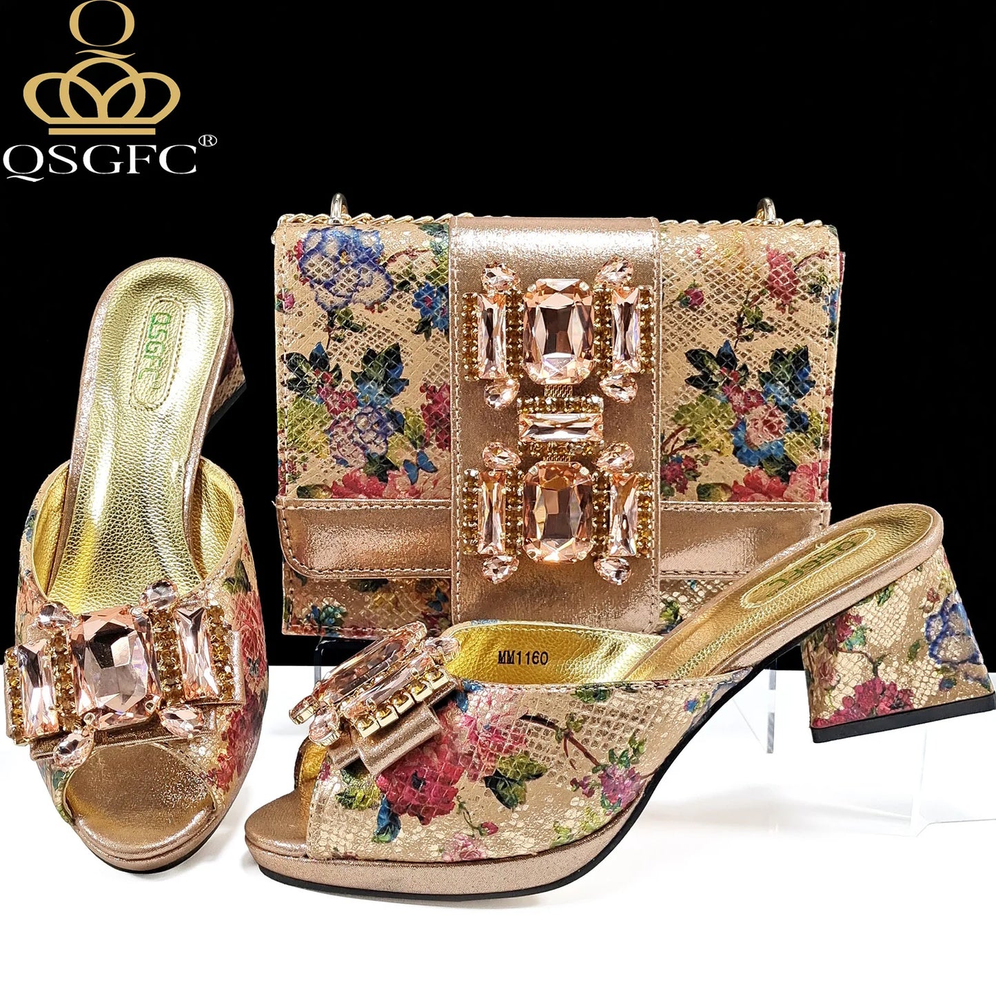 QSGFC Italian Sandals and Bags Matching Set 2025 Women Heel Party for Rose Gold Colour Wedding Bigger Size Thick Heel Shoes