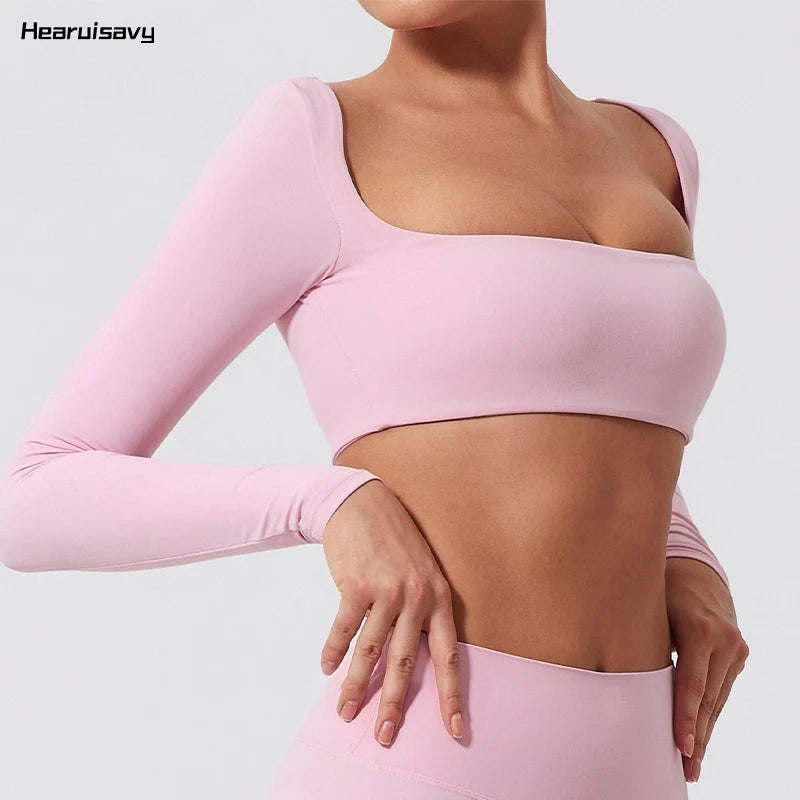 Hearuisavy Summer Quick Dry Square Neck Activewear Women Gym Top Fitness Sports Crop Top Female Casual Long Sleeve Yoga Clothes