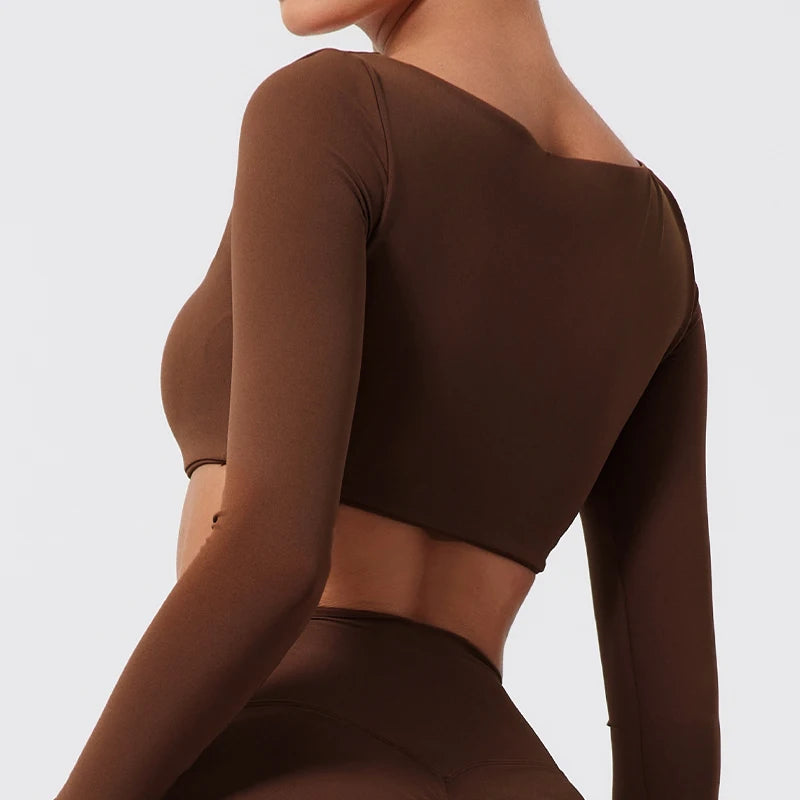 Hearuisavy Summer Quick Dry Square Neck Activewear Women Gym Top Fitness Sports Crop Top Female Casual Long Sleeve Yoga Clothes