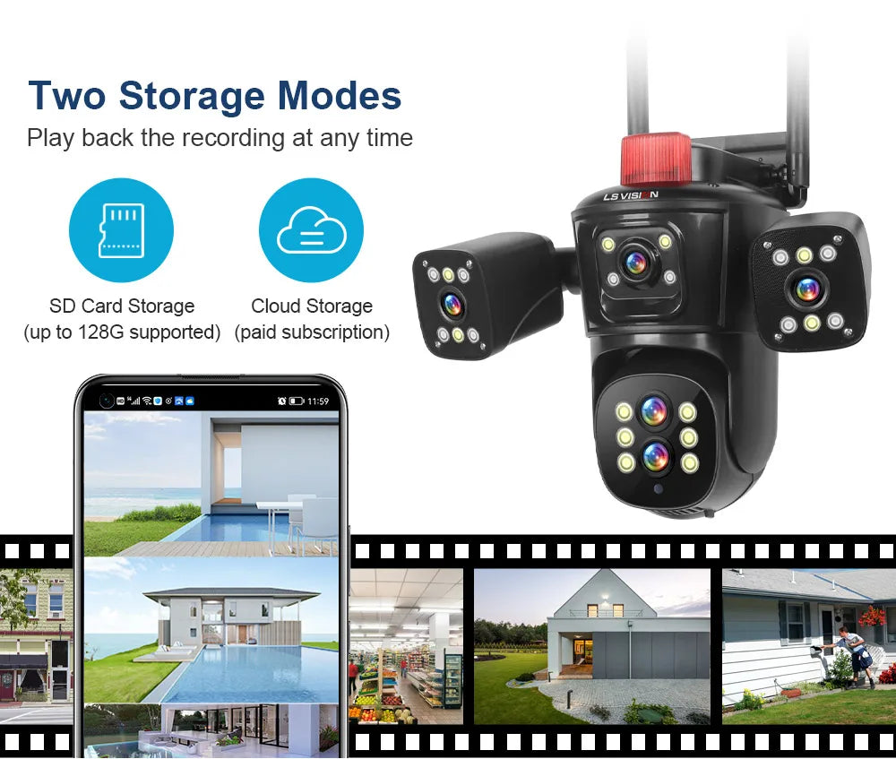 LS VISION 10K 20MP Four Screens WiFi PTZ Camera 10X Optical Zoom Auto Tracking Humanoid Detection CCTV Security Cameras Outdoor