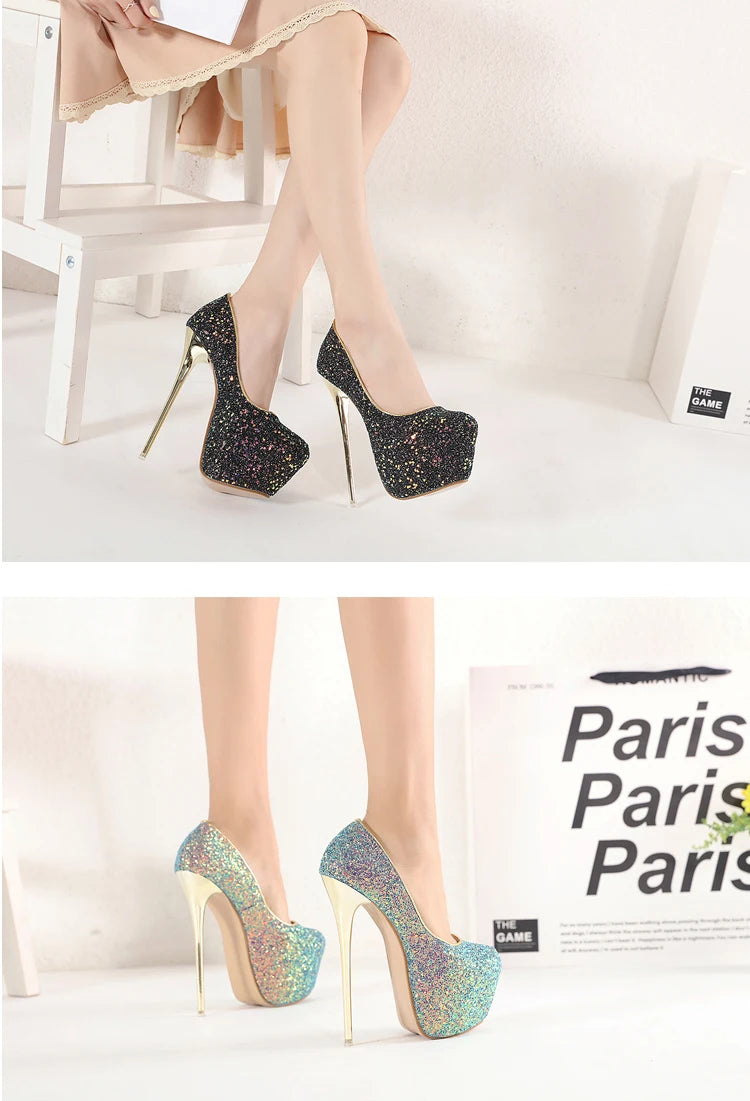 Comemore Sexy Size 34 43 44 45 Bling Sequins High Heels Pumps Platform Fashion Striptease Women's Heel Shoes Summer Slip-On 2025