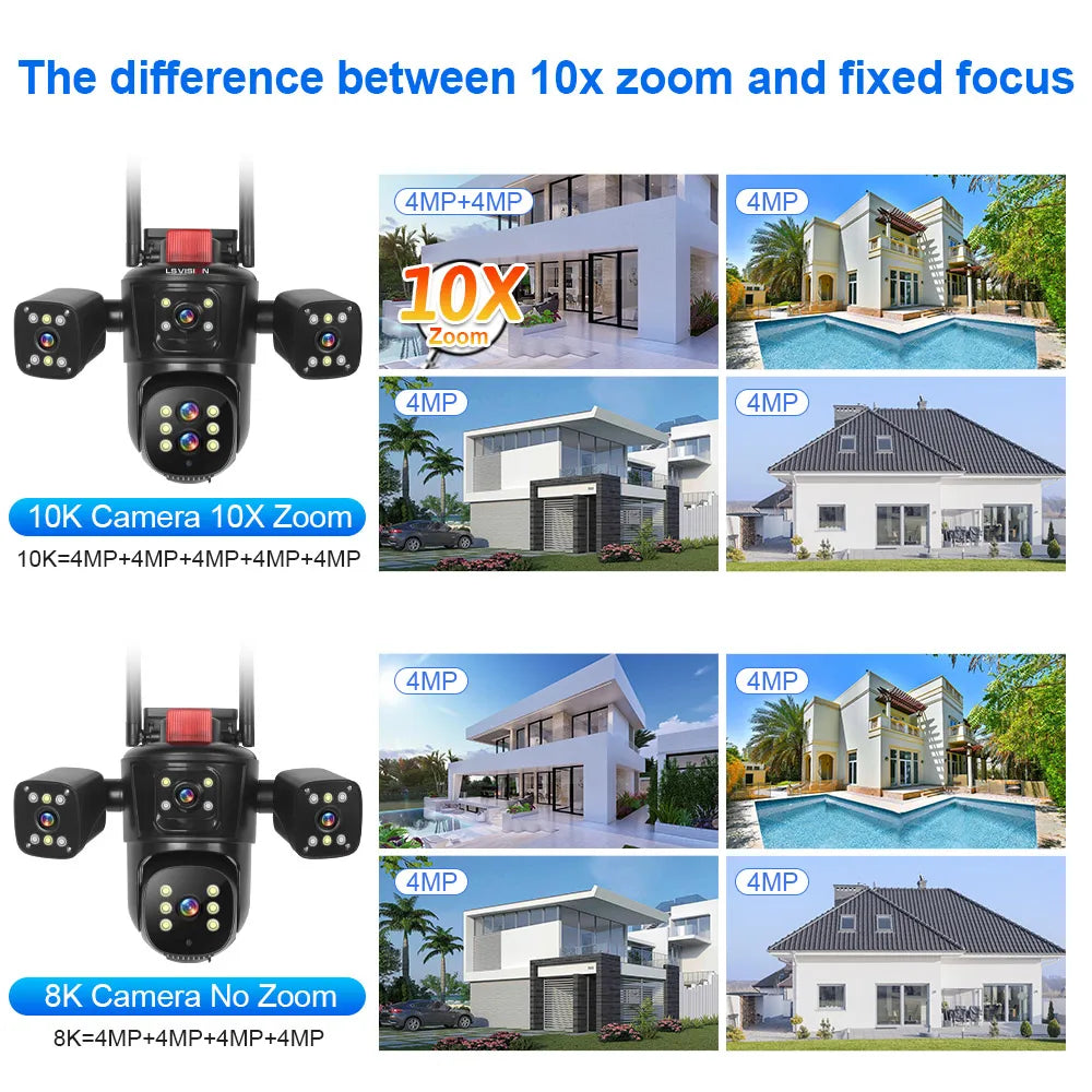 LS VISION 10K 20MP Four Screens WiFi PTZ Camera 10X Optical Zoom Auto Tracking Humanoid Detection CCTV Security Cameras Outdoor