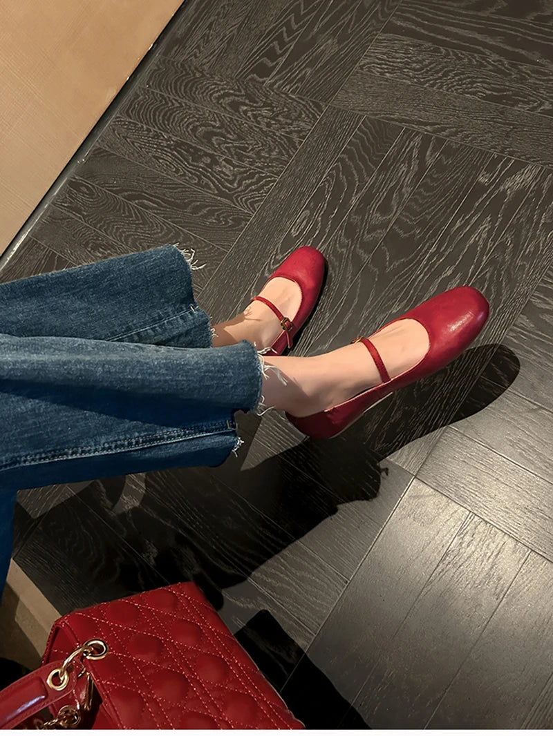 Retro Style Square Toe Women's Mary Jane Shoes Elegant Shallow Dress Flats Leather Footwear for Ladies