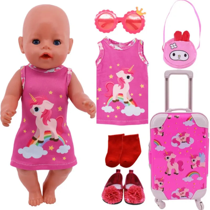 4Pcs=Raincoat+Umbrella+Rain Boots+Suitcase For 18 Inch American Doll&43Cm Reborn Baby Doll Accessories Generation Girl DIY Toys