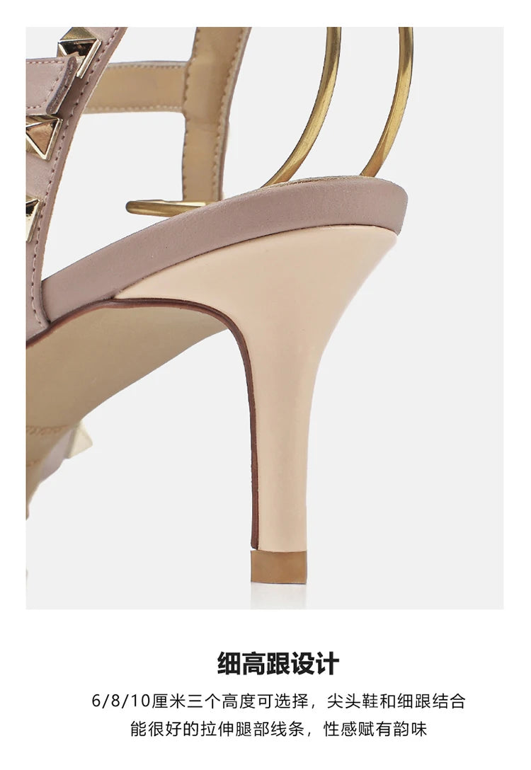 2025 Summer Brand Leather Women's Sandals Classic Rivet Gladiator High Heels Sexy Luxury Pumps Wedding Party Pointed toe Shoes