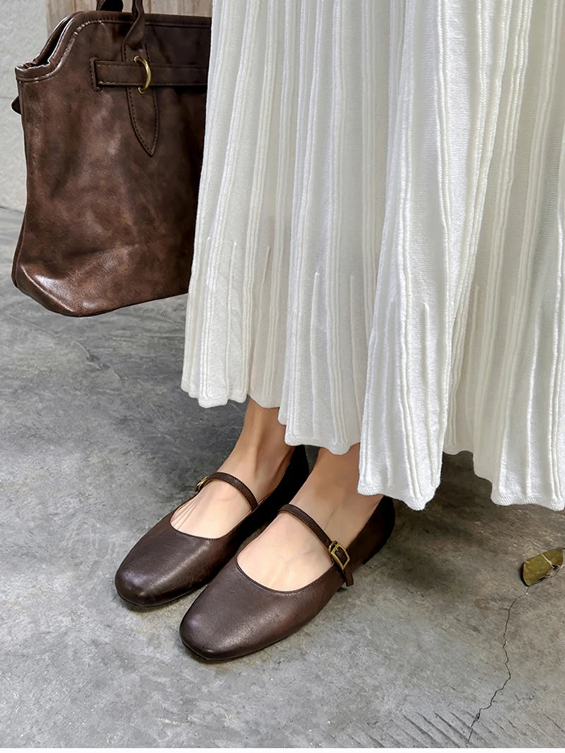 Retro Style Square Toe Women's Mary Jane Shoes Elegant Shallow Dress Flats Leather Footwear for Ladies