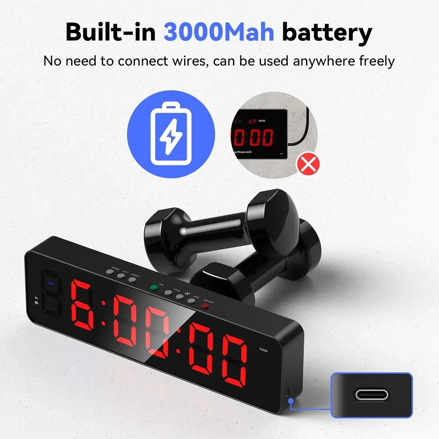 Gym Timer with Remote 12''x 3.5''Ultra-Clear Interval Timer with LED Countdown/Up Wall Clock Power Fitness Timer Stopwatch