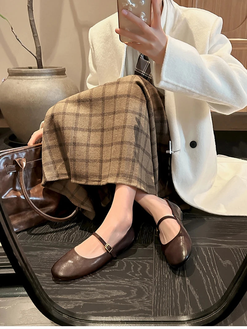Retro Style Square Toe Women's Mary Jane Shoes Elegant Shallow Dress Flats Leather Footwear for Ladies