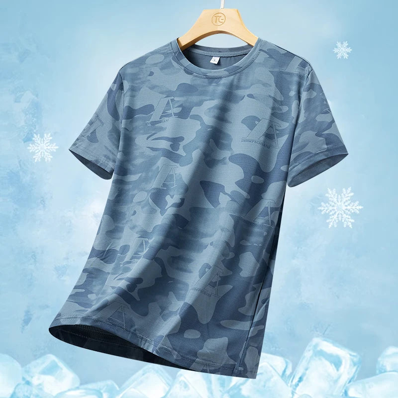 Quick drying ice silk short sleeved T-shirt 2024 summer camouflage thin breathable quick drying running fitness sportswear