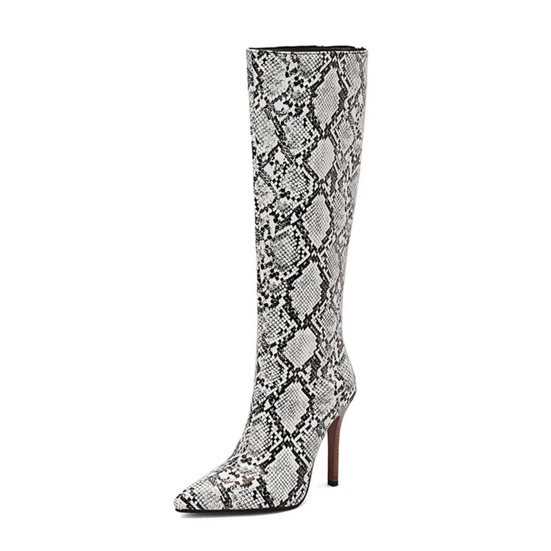 2025 White Snake Print Leather Knee High Boots Thin Heel Zipper Sexy Party Shoe Pointy Toe Thigh High Woman Long Boot Size 34-43