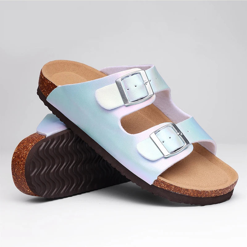 KIDMI Cork Clogs Slippers For Women Cork Footbed Beach Sandals Outdoor Suede Clogs Sandals With Adjustable Buckle Men Sandals