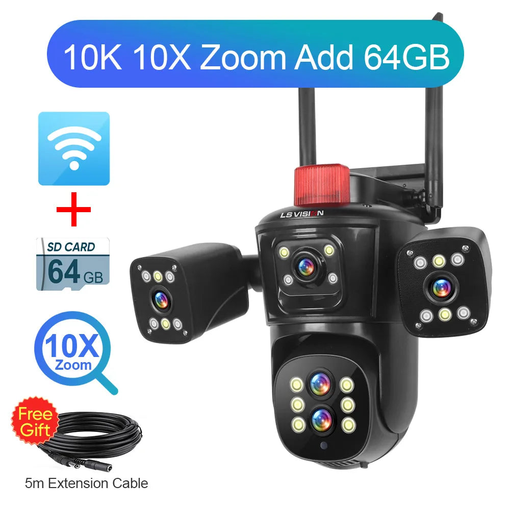 LS VISION 10K 20MP Four Screens WiFi PTZ Camera 10X Optical Zoom Auto Tracking Humanoid Detection CCTV Security Cameras Outdoor