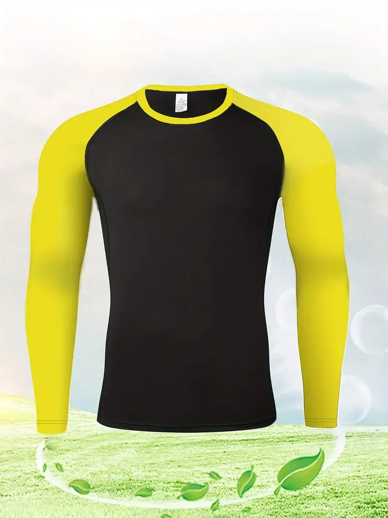 Men's Quick Dry Breathable Color Blocking Slim Long Sleeve High Stretch Base Layer Outdoor Jogging, Fitness Training Activity