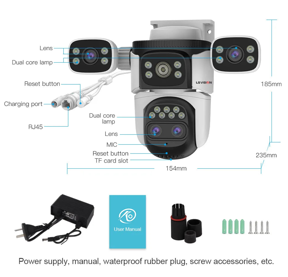 LS VISION 20MP 3*Screens Home Surveillance Wifi Camera 10X Zoom Outdoor Surveillance Camera Ip PTZ Auto Tracking Security Cctv
