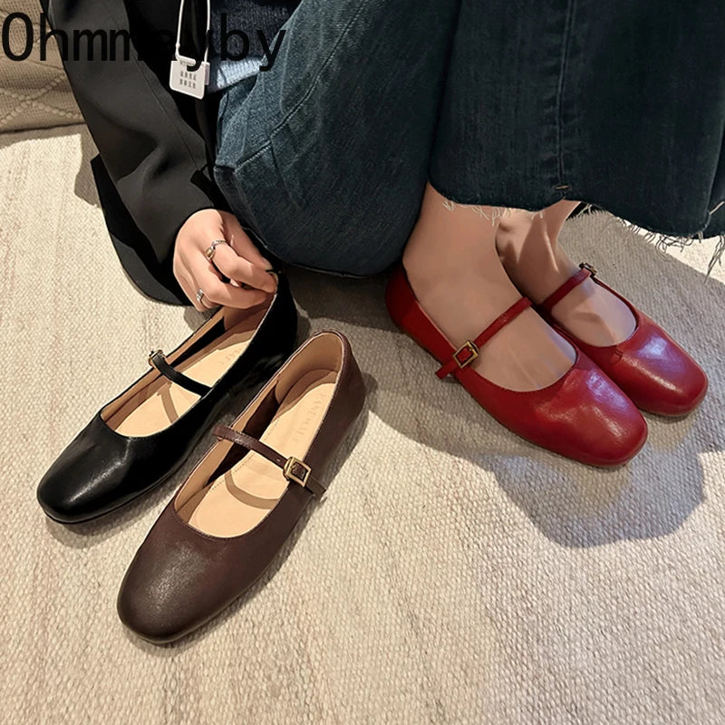 Retro Style Square Toe Women's Mary Jane Shoes Elegant Shallow Dress Flats Leather Footwear for Ladies