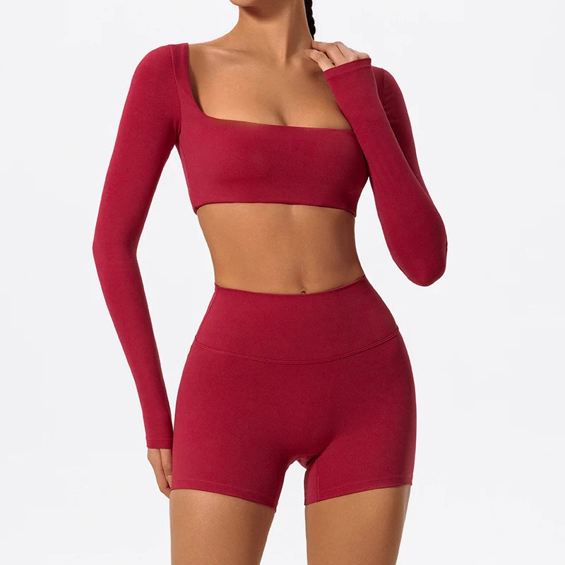Hearuisavy Summer Quick Dry Square Neck Activewear Women Gym Top Fitness Sports Crop Top Female Casual Long Sleeve Yoga Clothes
