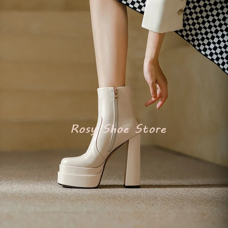 Black White Stitching Leather Square Toe Women's Concise Boots Winter Chunky Heel Waterproof Platform Side Zip Ankle Boots