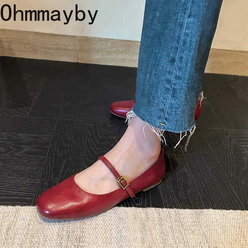 Retro Style Square Toe Women's Mary Jane Shoes Elegant Shallow Dress Flats Leather Footwear for Ladies