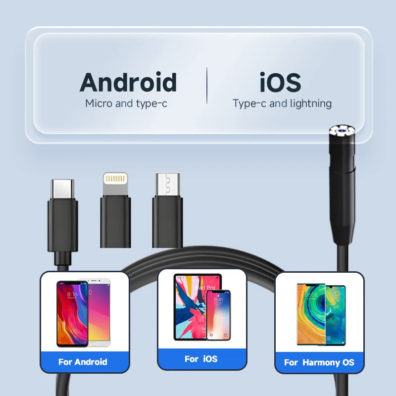 Dodosee 1440p HD Endoscope 3 in 1 Car Inspection Borescope Mini Camera 8mm Lens for Iphone IOS Smart Phone Android Pad Type C