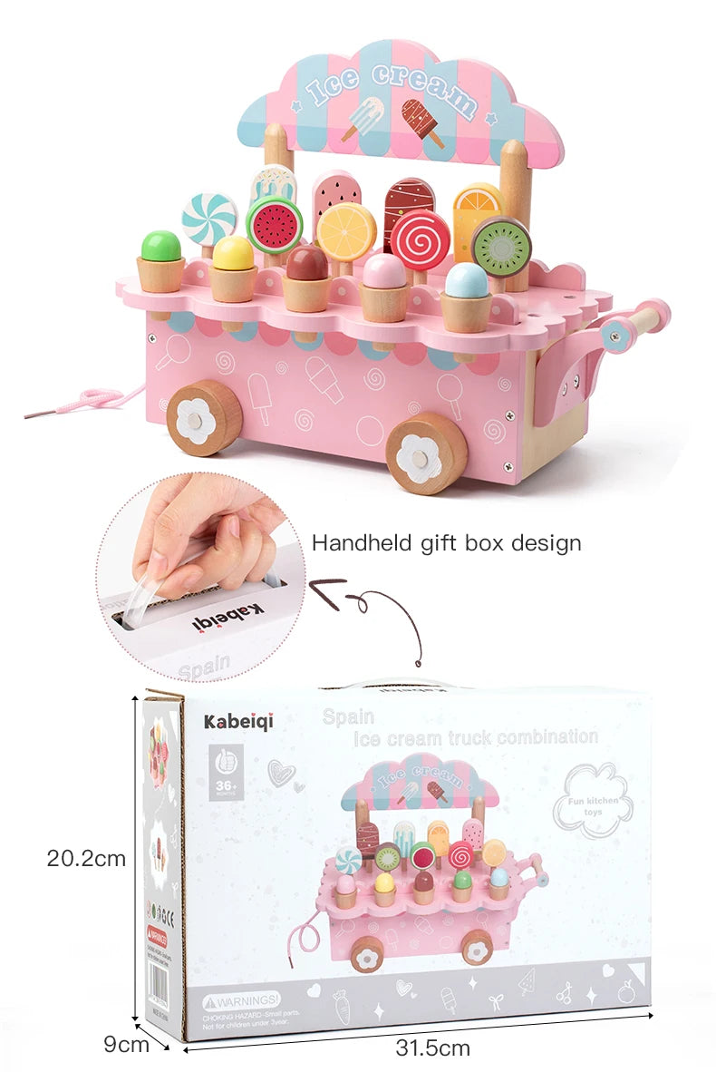 Wooden Ice Cream Girl Toy Kitchen Pretend Play Toys Kitchen Accessories Simulation Ice Cream Shop Montessori Education Toy Gifts