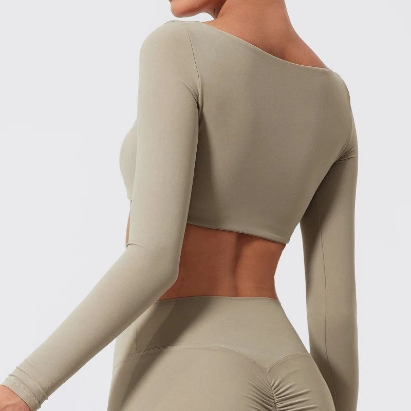 Hearuisavy Summer Quick Dry Square Neck Activewear Women Gym Top Fitness Sports Crop Top Female Casual Long Sleeve Yoga Clothes