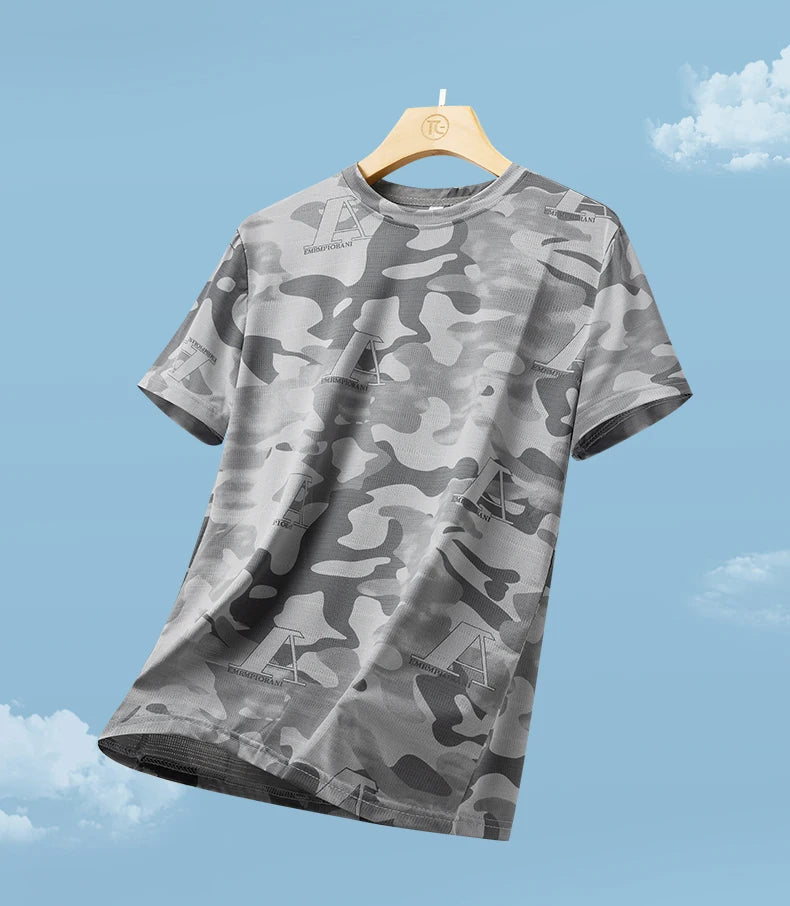 Quick drying ice silk short sleeved T-shirt 2024 summer camouflage thin breathable quick drying running fitness sportswear