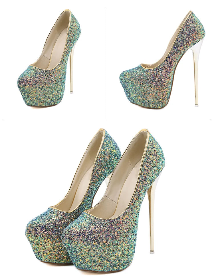 Comemore Sexy Size 34 43 44 45 Bling Sequins High Heels Pumps Platform Fashion Striptease Women's Heel Shoes Summer Slip-On 2025