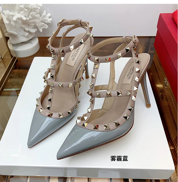 2025 Summer Brand Leather Women's Sandals Classic Rivet Gladiator High Heels Sexy Luxury Pumps Wedding Party Pointed toe Shoes