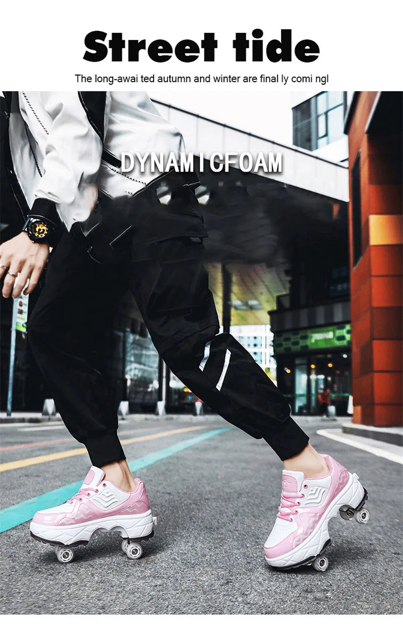 Parkour Shoes 4 Wheels Deformation Roller Skating Shoes Kids Adults Unisex Sneakers Street Urban Fitness FSK Quad Skating Shoes