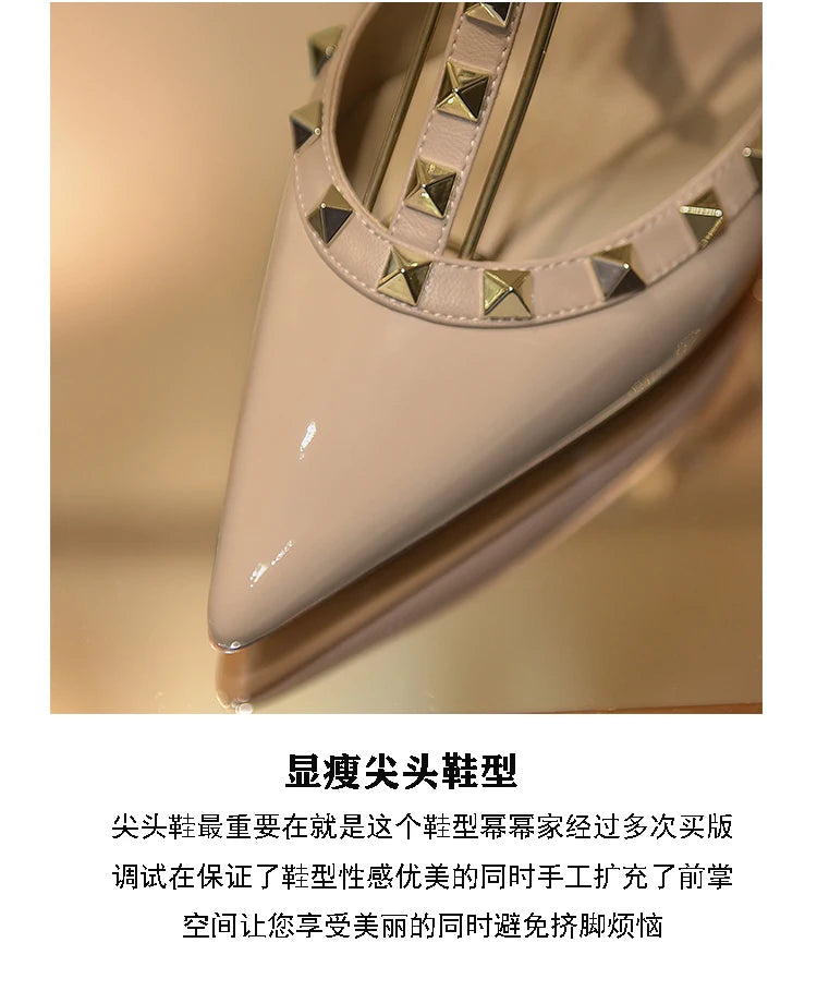 2025 Summer Brand Leather Women's Sandals Classic Rivet Gladiator High Heels Sexy Luxury Pumps Wedding Party Pointed toe Shoes