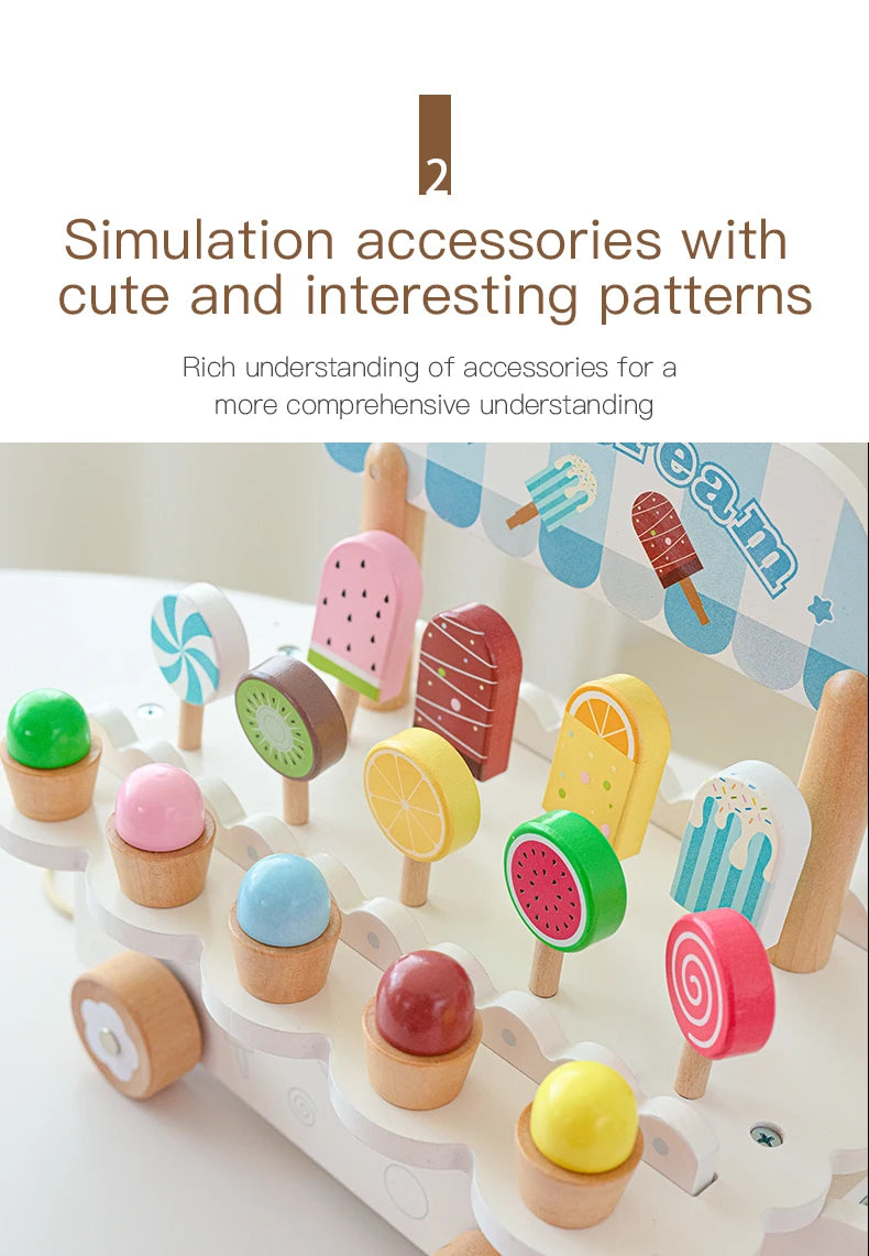 Wooden Ice Cream Girl Toy Kitchen Pretend Play Toys Kitchen Accessories Simulation Ice Cream Shop Montessori Education Toy Gifts