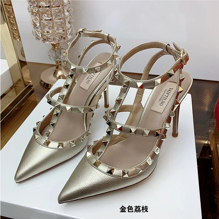 2025 Summer Brand Leather Women's Sandals Classic Rivet Gladiator High Heels Sexy Luxury Pumps Wedding Party Pointed toe Shoes