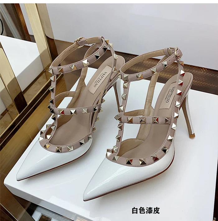 2025 Summer Brand Leather Women's Sandals Classic Rivet Gladiator High Heels Sexy Luxury Pumps Wedding Party Pointed toe Shoes