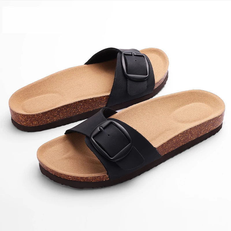 KIDMI Cork Clogs Slippers For Women Cork Footbed Beach Sandals Outdoor Suede Clogs Sandals With Adjustable Buckle Men Sandals