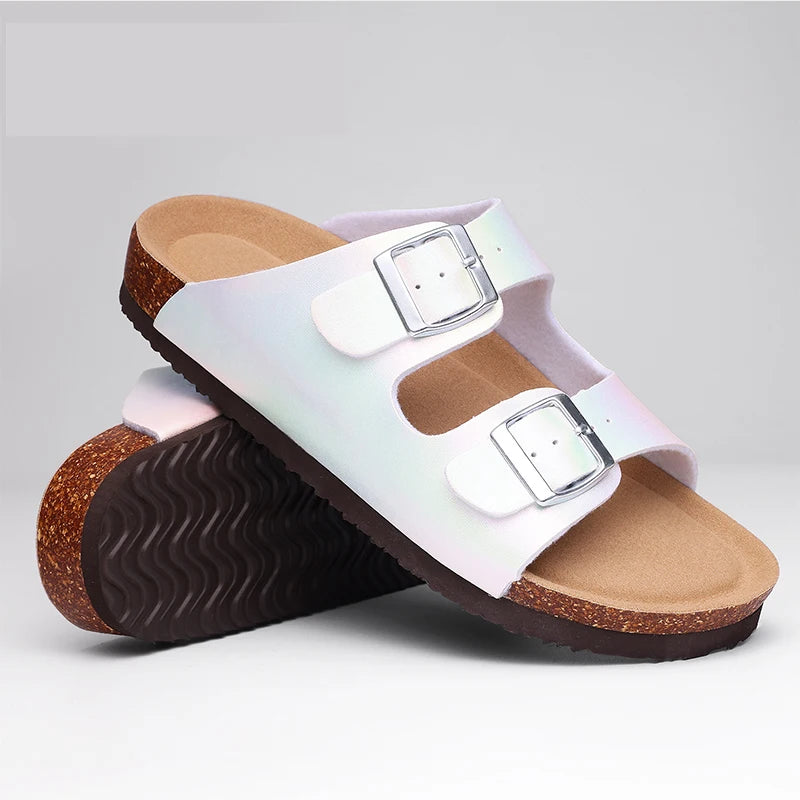 KIDMI Cork Clogs Slippers For Women Cork Footbed Beach Sandals Outdoor Suede Clogs Sandals With Adjustable Buckle Men Sandals