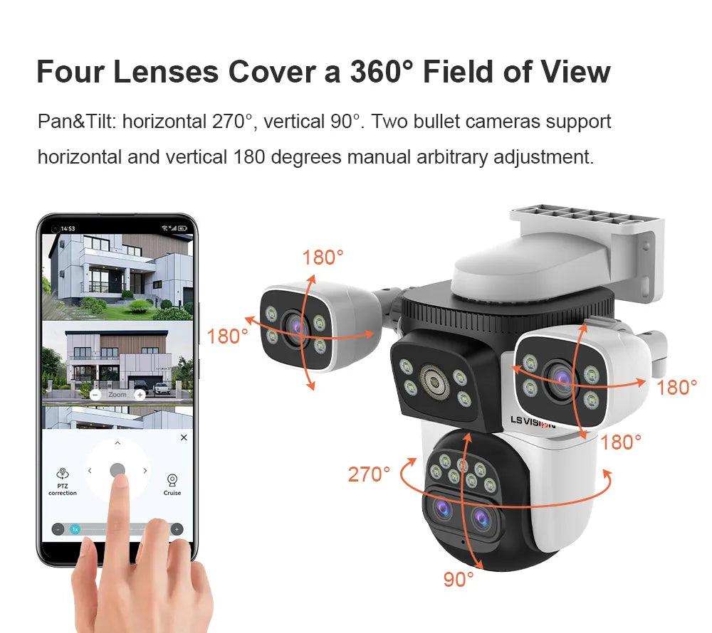 LS VISION 20MP 3*Screens Home Surveillance Wifi Camera 10X Zoom Outdoor Surveillance Camera Ip PTZ Auto Tracking Security Cctv