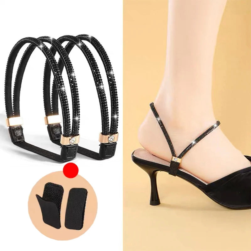1/2Pairs Rhinestone High Heels Shoes Band Anti-loose Women Diamond Shoelaces Anti-drop Heel Straps Belt Drill Elastic Fixed Belt