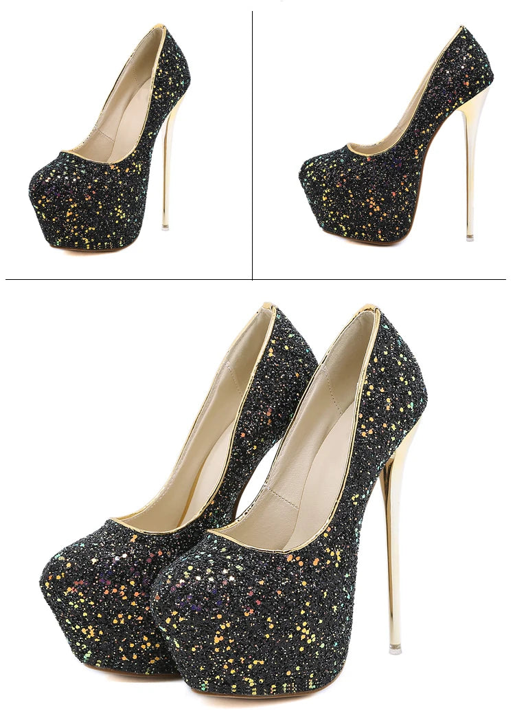 Comemore Sexy Size 34 43 44 45 Bling Sequins High Heels Pumps Platform Fashion Striptease Women's Heel Shoes Summer Slip-On 2025